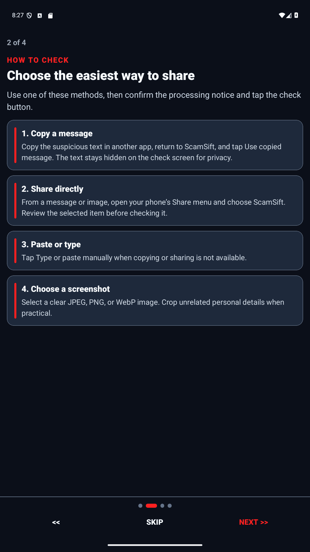 Historical ScamSift app preview showing the options for checking a message or screenshot