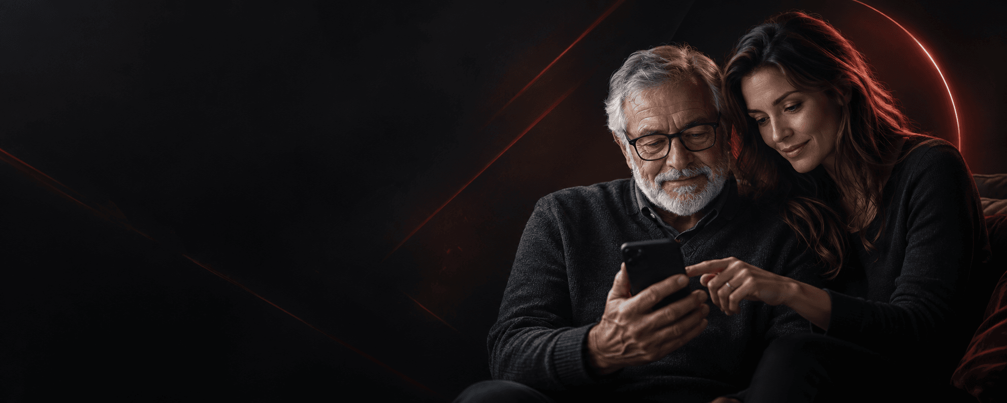 A father and his adult daughter thoughtfully checking a phone together, with warm cinematic lighting and subtle red Circle accents
